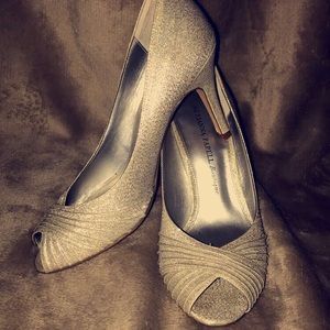 Silver glitter heels.